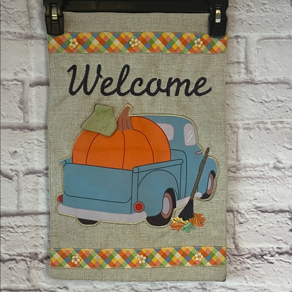 Welcome Fall Garden Flag with Truck and Pumpkin